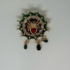 Gothic Halloween Spiderweb Brooch | Enameled Green Red Crystal Spider Dangles